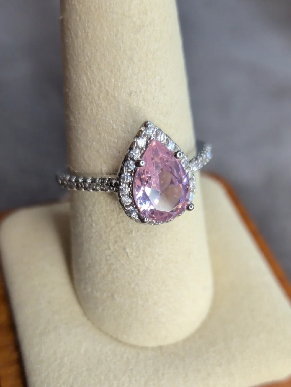 Halo Pink Pear-Cut Crystal Ring With WG